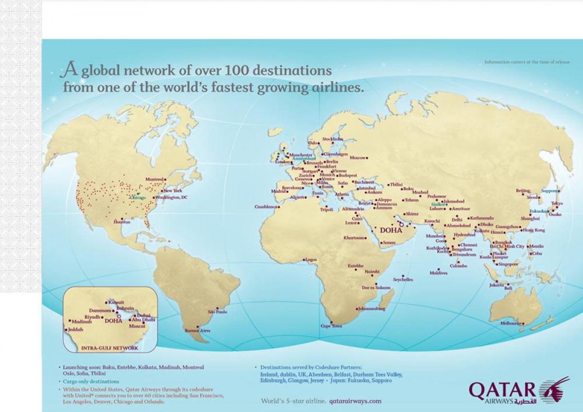 qatar flyvning ruter på kort